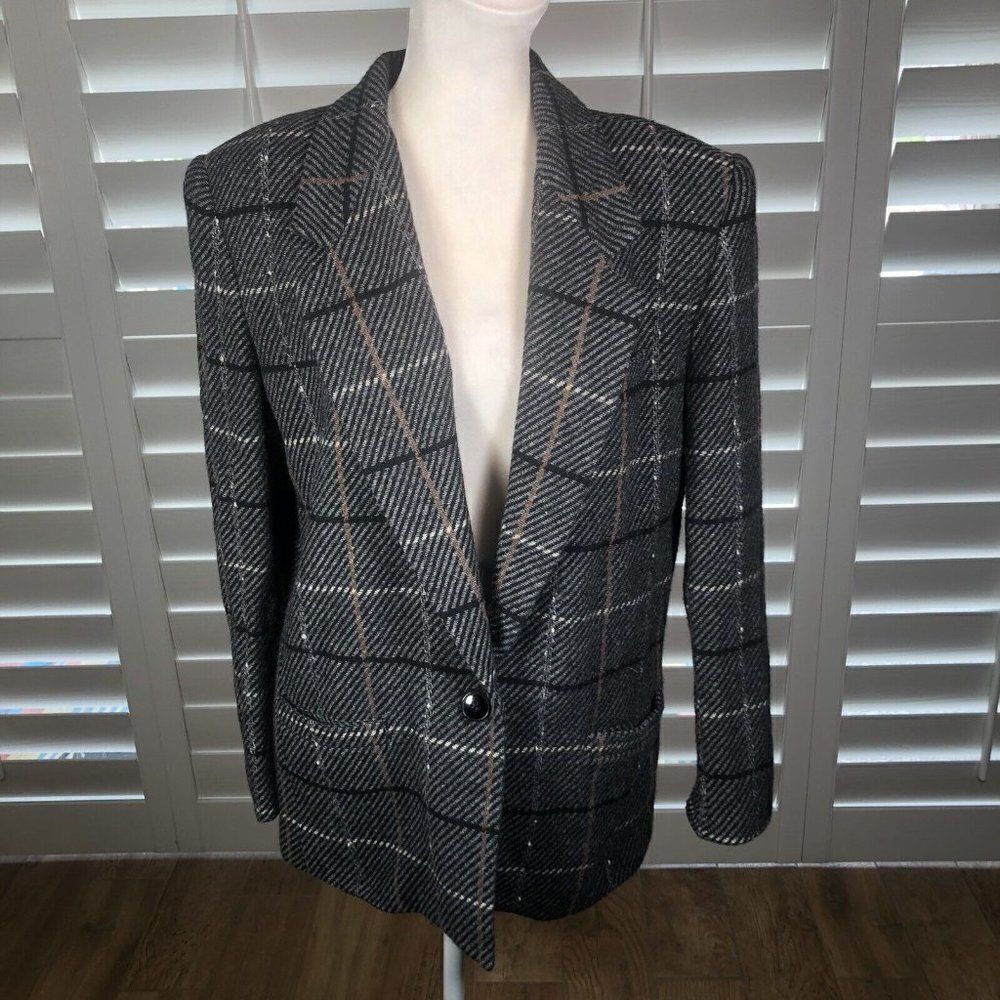 Vtg 80s Sasson Gray Plaid Wool Boxy Blazer 12 Academia Padded Shoulders Career